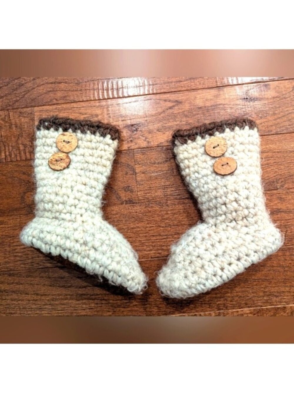 Handmade Wool Suede & Shearling Cream & Brown Crochet Baby Boots Sz 1-2 Years
